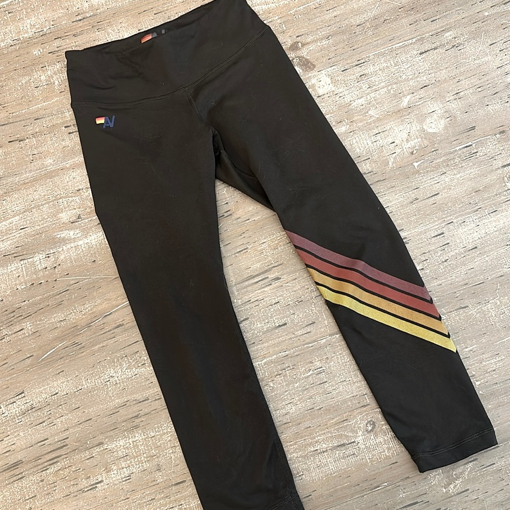 Aviator Nation Black Leggings with Retro Stripe Detail (Yellow, Orange, Maroon)